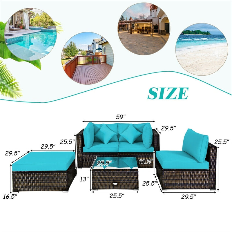 5 Piece Wicker Patio Rattan Furniture Set Outdoor Sectional Sofa with Glass Table & Cushions