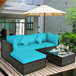 5 Piece Wicker Patio Rattan Furniture Set Outdoor Sectional Sofa with Glass Table & Cushions