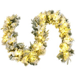 9ft Pre-Lit Snowy Christmas Garland Snow Flocked Artificial Garland with 50 LED Lights, White Berries & Poinsettias Flowers for Indoor Mantel Decor