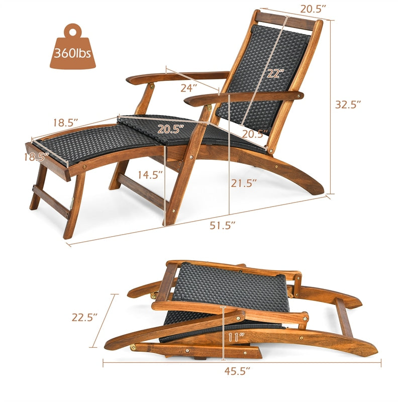 Patio Folding Rattan Lounge Chair Acacia Wood Wicker Outdoor Chaise Lounge Dec Chair Reclining Pool Chair with Retractable Footrest