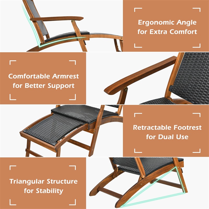 Patio Folding Rattan Lounge Chair, Acacia Wood Wicker Deck Lounge Chair with Retractable Footrest, Outdoor Chaise Lounge for Garden & Poolside