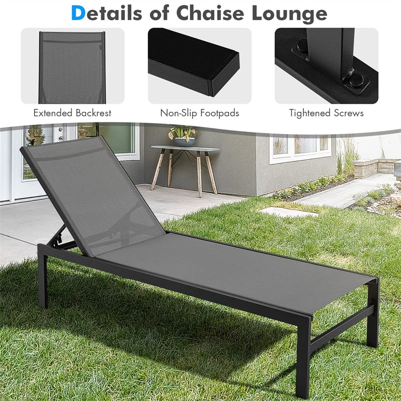 Aluminium Outdoor Chaise Lounge 6-Position Adjustable Patio Lounge Chair Sun Lounger for Poolside Backyard