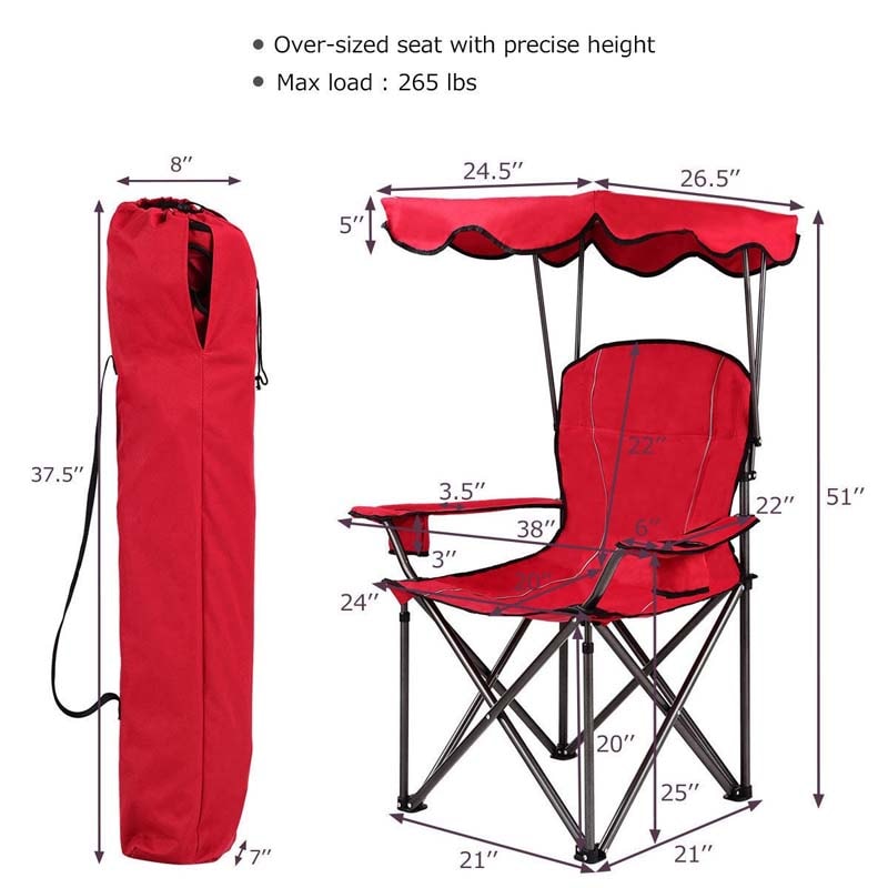 Folding Beach Canopy Chair Lawn Fool Chair with Cup Holders and Carrying Bag