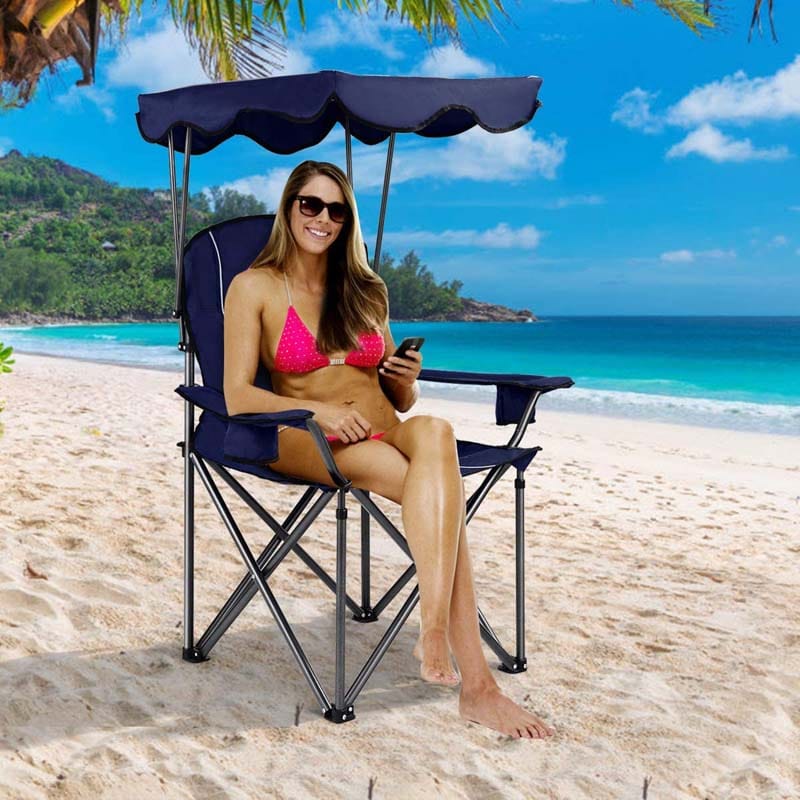 Folding Beach Canopy Chair Lawn Fool Chair with Cup Holders and Carrying Bag