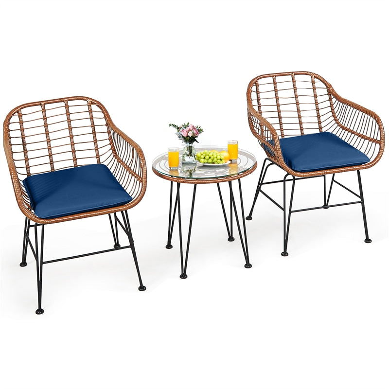 Bestoutdor 3 Pcs Patio Rattan Bistro Set Furniture Set with Tempered Glass Top Table & Cushions