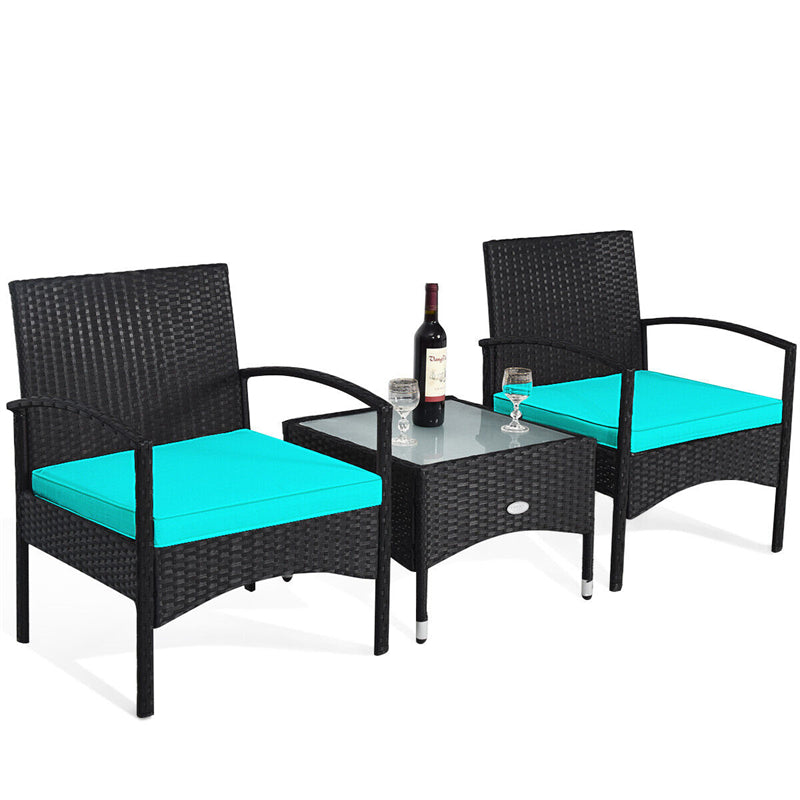 Bestoutdor 3 Pcs Patio Wicker Rattan Bistro Set Coffee Table & 2 Chairs with Cushions