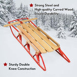 54" Wood & Steel Snow Racer Sled, Pull Steering Snow Slider with Metal Runners & Steering Bar, Portable Sleigh Toboggan for Kids & Adults