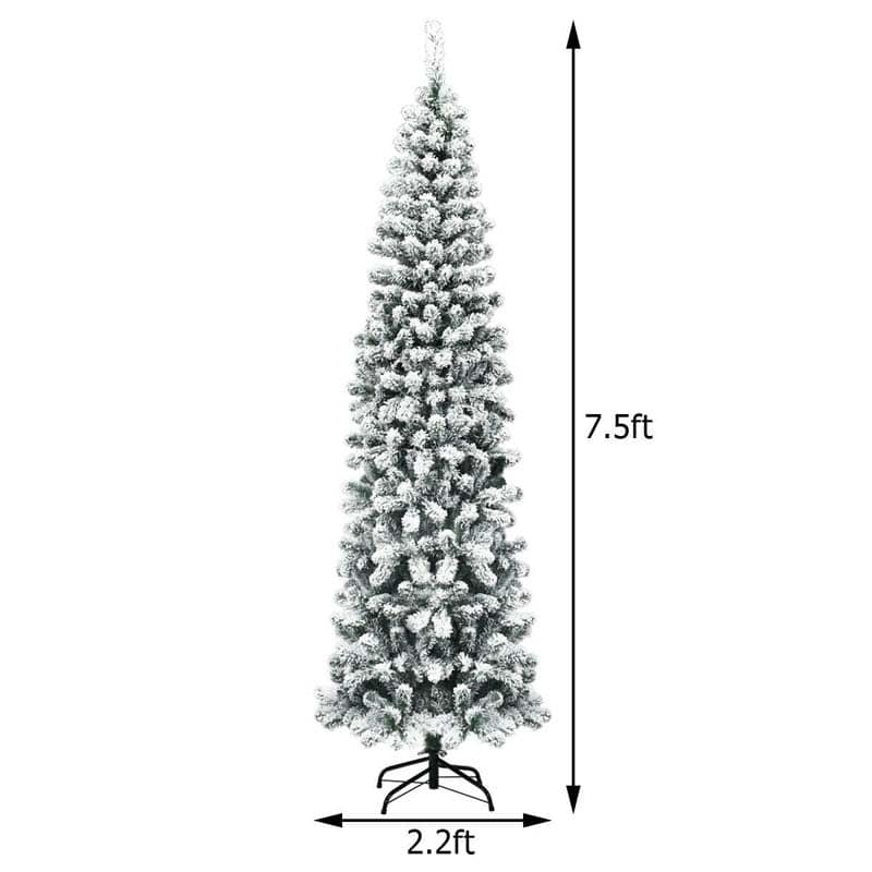 7.5FT Unlit Hinged Snow-flocked Artificial Pencil Christmas Tree with 641 Branch Tips