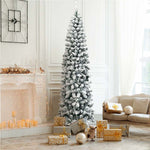 7.5FT Unlit Hinged Snow-flocked Artificial Pencil Christmas Tree with 641 Branch Tips