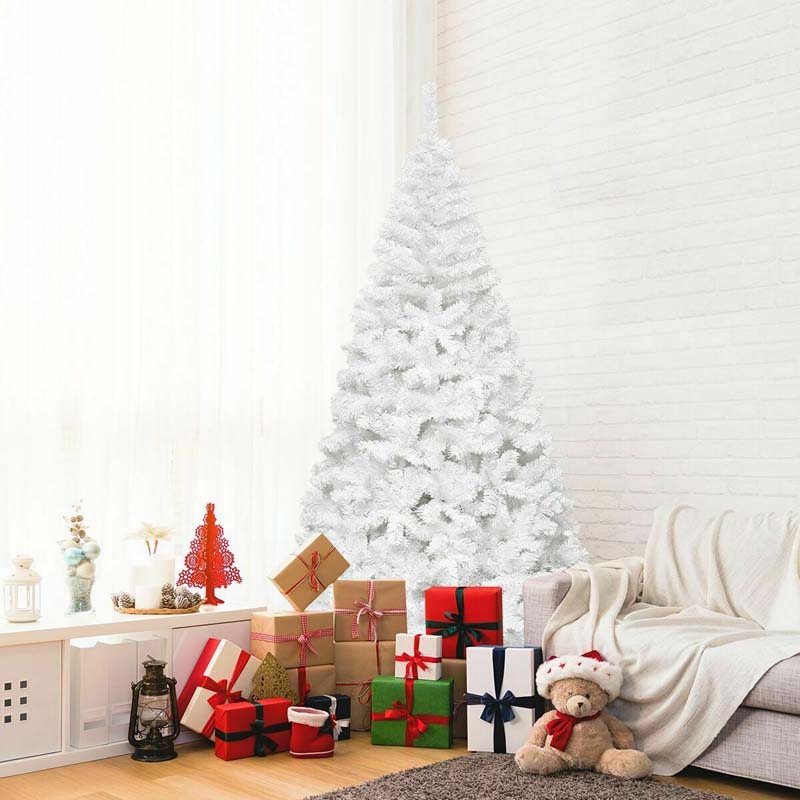 7FT White Artificial Christmas Tree Hinged Xmas Pine Tree 950 PVC Branch Tips with Folding Metal Stand for Holiday Season Outdoor Indoor Decor