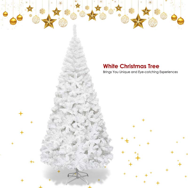 7FT White Artificial Christmas Tree Hinged Xmas Pine Tree 950 PVC Branch Tips with Folding Metal Stand for Holiday Season Outdoor Indoor Decor