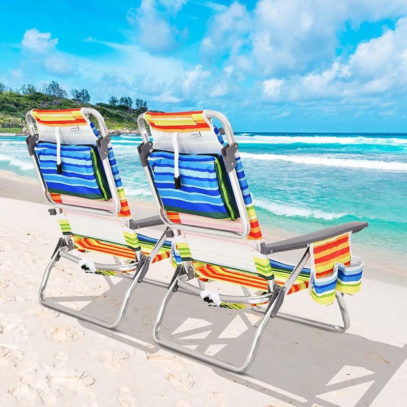 2 Pcs Folding Backpack Beach Chairs 5-Position Adjustable Outdoor Sling Camping Chairs with Cooler Bag & Cup Holder