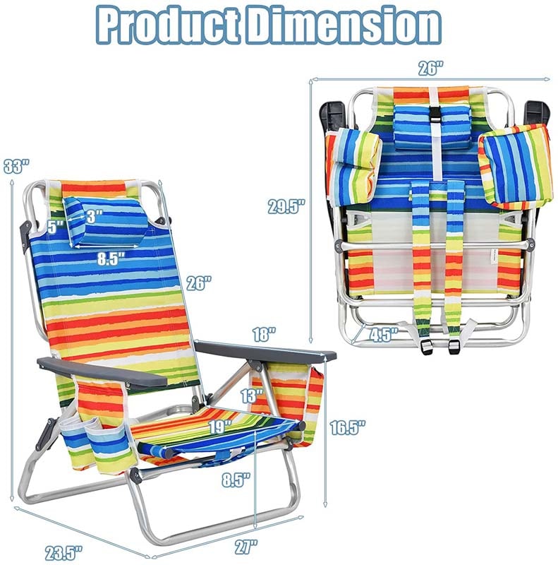 2 Pack Backpack Beach Chairs, Folding Camping Chairs 5-Position Reclining Beach Chairs with Armrests, Cooler Bag, Cup Holder, Side Pockets