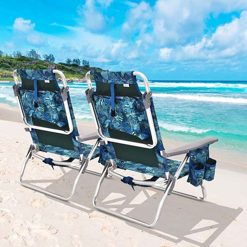 2 Pcs Folding Backpack Beach Chairs 5-Position Adjustable Outdoor Sling Camping Chairs with Cooler Bag & Cup Holder