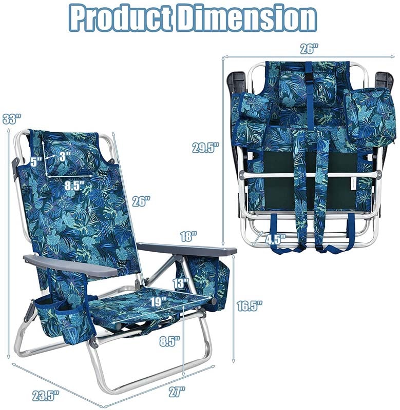 2 Pack Backpack Beach Chairs, Folding Camping Chairs 5-Position Reclining Beach Chairs with Armrests, Cooler Bag, Cup Holder, Side Pockets