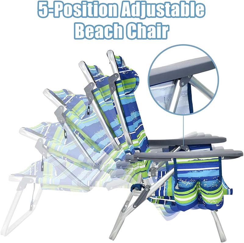 2 Pack Backpack Beach Chairs, Folding Camping Chairs 5-Position Reclining Beach Chairs with Armrests, Cooler Bag, Cup Holder, Side Pockets