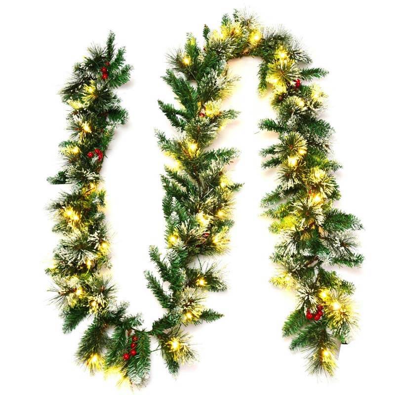 9FT Pre-lit Christmas Garland with 50 LED Lights, Snow Flocked Tips, Red Berries & Timer, Artificial Garland for Mantel Holiday Wedding Party Decor