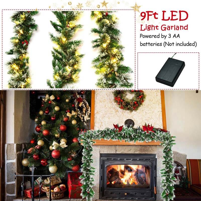 9FT Pre-lit Christmas Garland with 50 LED Lights, Snow Flocked Tips, Red Berries & Timer, Artificial Garland for Mantel Holiday Wedding Party Decor