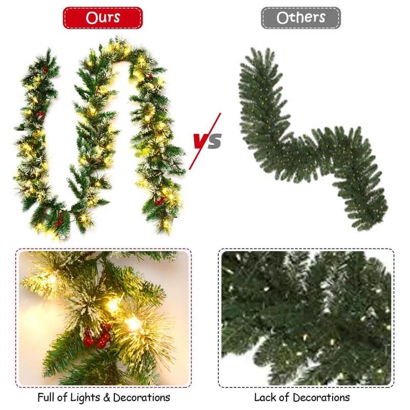 9FT Pre-lit Christmas Garland with 50 LED Lights, Snow Flocked Tips, Red Berries & Timer, Artificial Garland for Mantel Holiday Wedding Party Decor