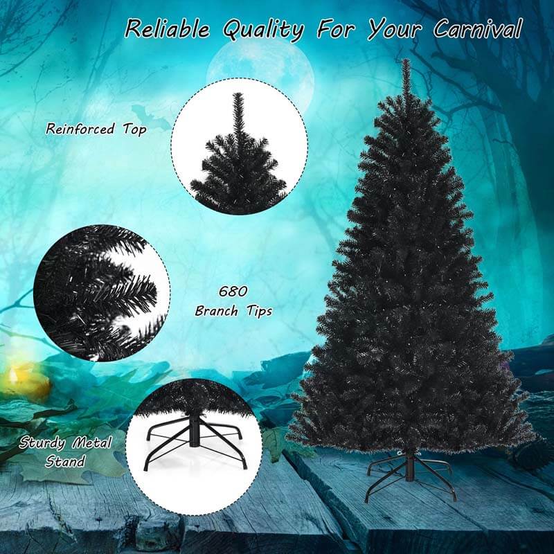 6FT Pre-lit Black Christmas Tree Hinged Artificial Halloween Tree with 250 Purple LED Lights & Metal Stand for Holiday Decorations Festival Parties