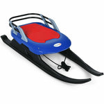 Folding Kids Snow Sled with Leather Cushioned Seat, Backrest & Tow Rope, Frost-Resistant Ski Sled Snow Racer for Winter Fun