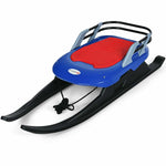 Folding Kids Snow Sled with Leather Cushioned Seat, Backrest & Tow Rope, Frost-Resistant Ski Sled Snow Racer for Winter Fun