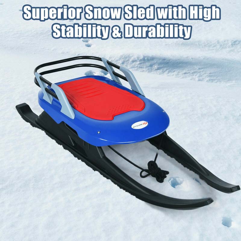 Folding Kids Snow Sled with Leather Cushioned Seat, Backrest & Tow Rope, Frost-Resistant Ski Sled Snow Racer for Winter Fun