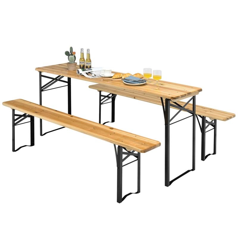 3 Pcs Folding Picnic Table Bench Set, 70" Portable Wooden Beer Garden Table with 2 Benches & Sturdy Steel Frame for Outdoor Patio Backyard