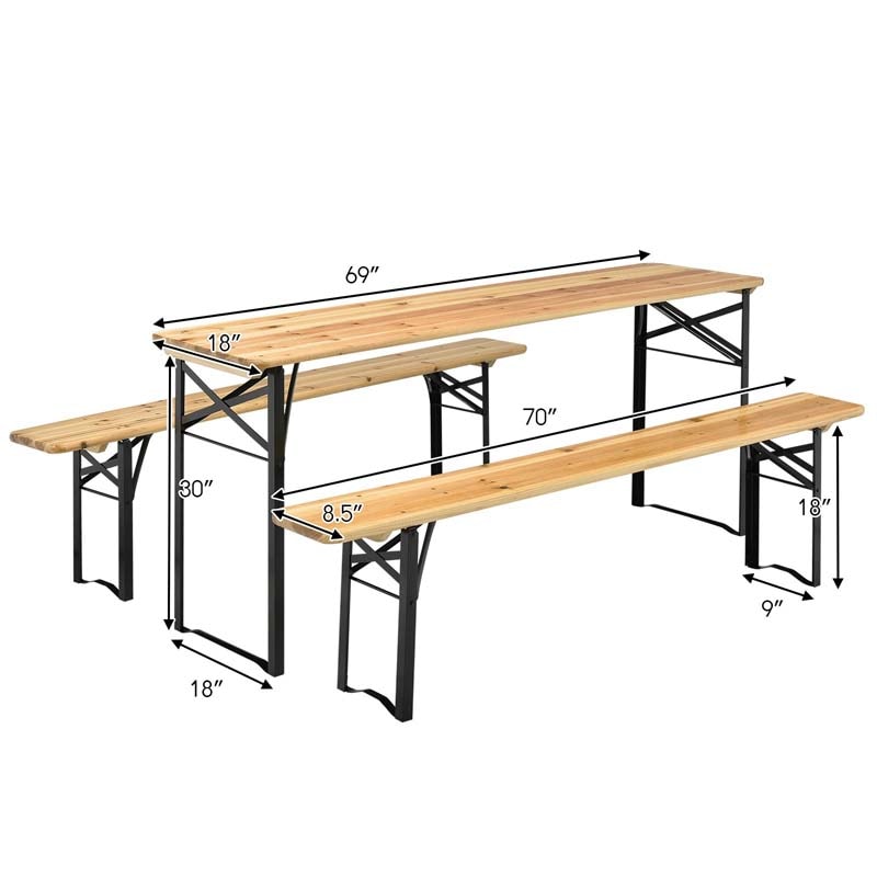 3 Pcs Folding Picnic Table Bench Set, 70" Portable Wooden Beer Garden Table with 2 Benches & Sturdy Steel Frame for Outdoor Patio Backyard