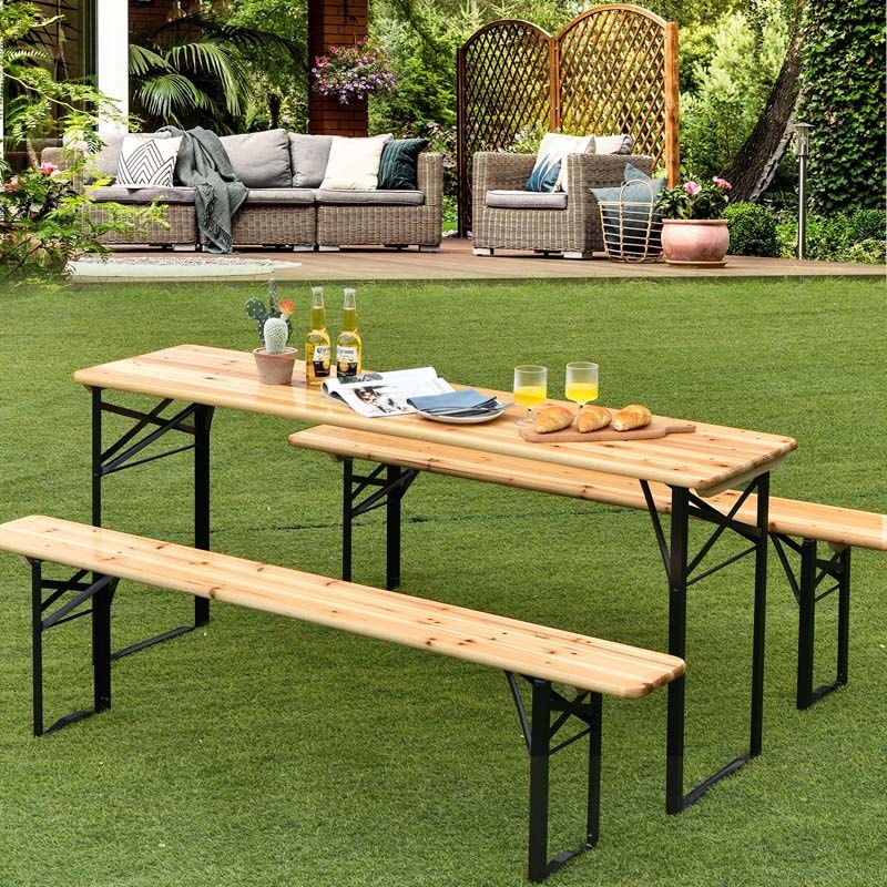 3 Pcs Folding Picnic Table Bench Set, 70" Portable Wooden Beer Garden Table with 2 Benches & Sturdy Steel Frame for Outdoor Patio Backyard