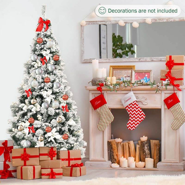 6FT Snow Flocked Artificial Christmas Tree Hinged Xmas Tree 631 Branch Tips with White Berries, Poinsettia Flowers & Folding Metal Stand