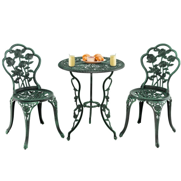 3-Piece Cast Aluminum Patio Bistro Set Rose Design Outdoor Furniture Set with Coffee Table