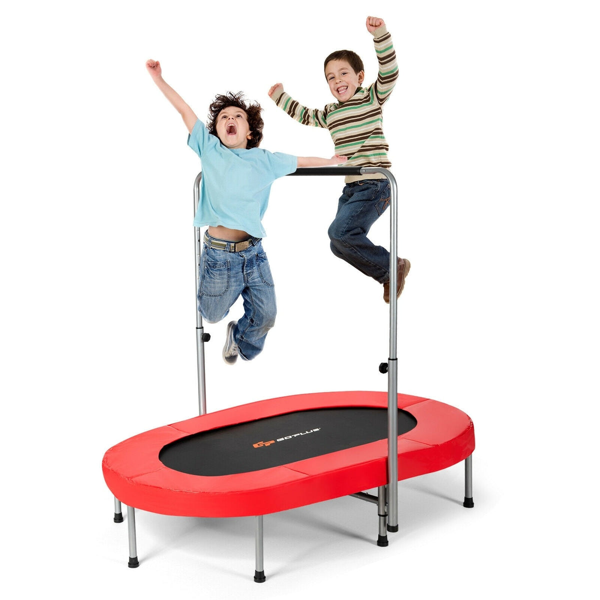 Foldable Oval Trampoline for Kids & Adults, Indoor Double Mini Fitness Trampoline Rebounder with Adjustable Handrail & Non-Slip Pads, Max 330lbs