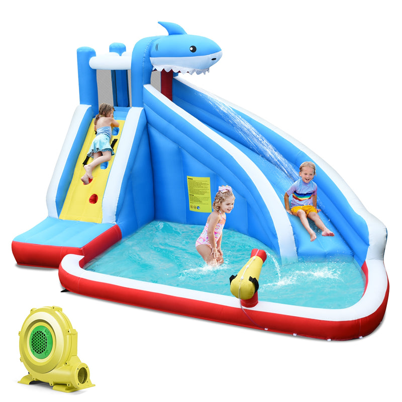 Inflatable Water Slide, Shark Themed Bounce House Waterslide Park with 750W Blower, Long Slide, Climbing, Splash Pool for Kids Backyard Outdoor Fun