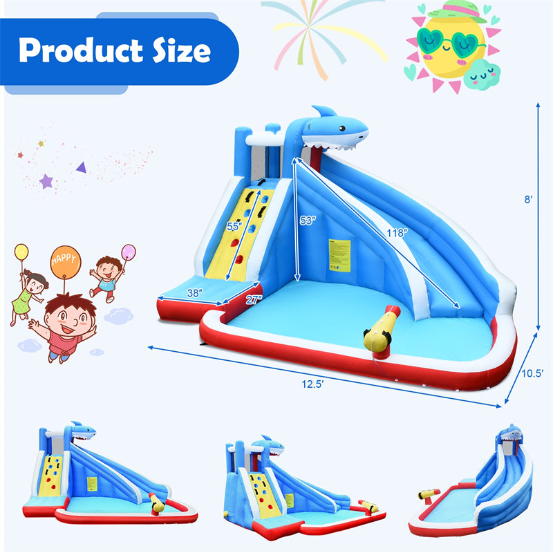 Inflatable Water Slide, Shark Themed Bounce House Waterslide Park with 750W Blower, Long Slide, Climbing, Splash Pool for Kids Backyard Outdoor Fun