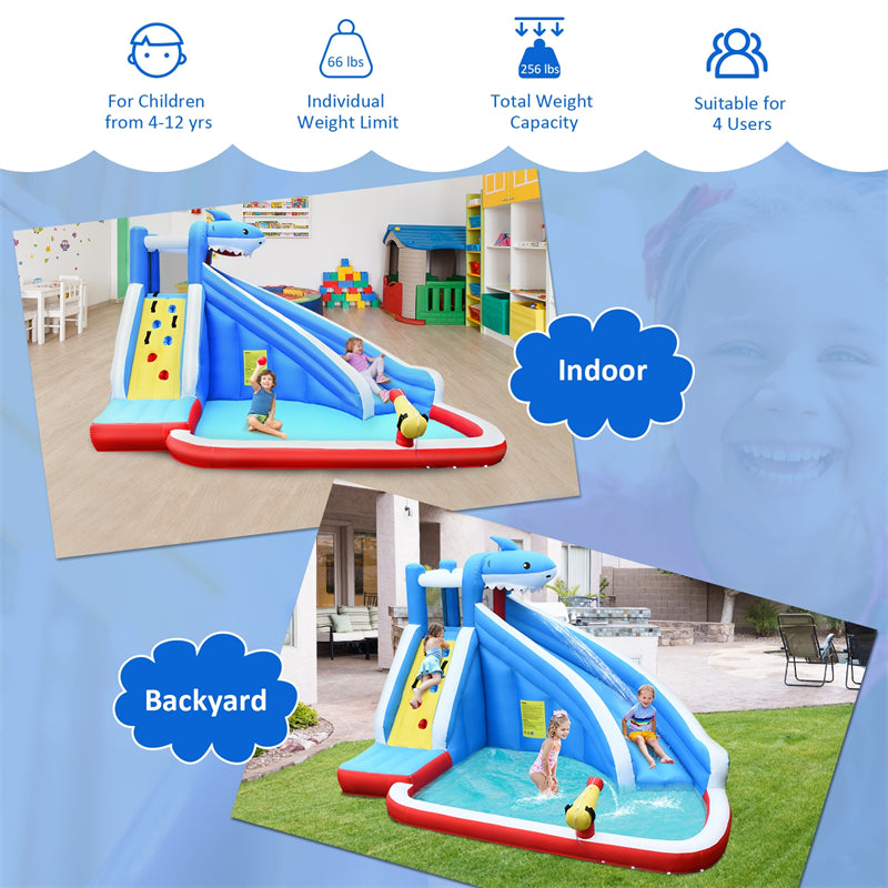 Inflatable Water Slide, Shark Themed Bounce House Waterslide Park with 750W Blower, Long Slide, Climbing, Splash Pool for Kids Backyard Outdoor Fun