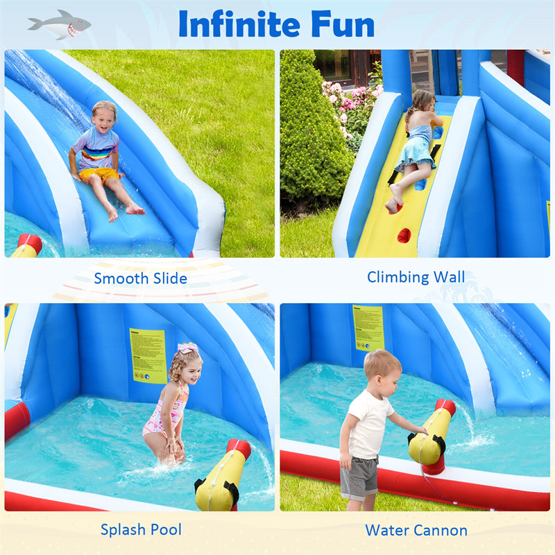 Inflatable Water Slide, Shark Themed Bounce House Waterslide Park with 750W Blower, Long Slide, Climbing, Splash Pool for Kids Backyard Outdoor Fun