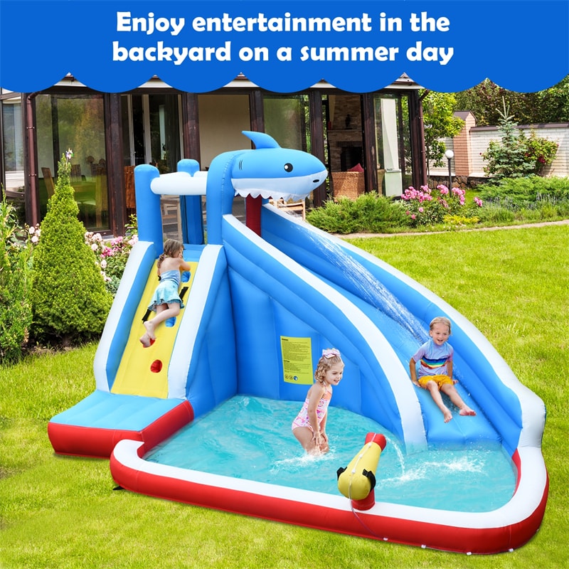 Inflatable Water Slide, Shark Themed Bounce House Waterslide Park with 750W Blower, Long Slide, Climbing, Splash Pool for Kids Backyard Outdoor Fun