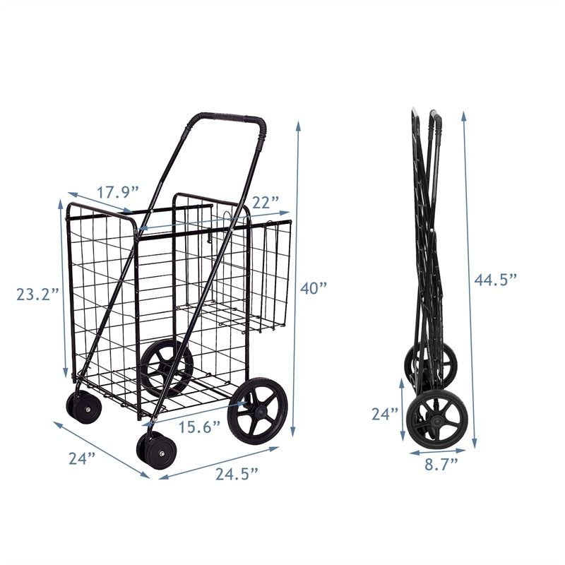 Jumbo Folding Shopping Cart, Heavy Duty Utility Cart with Swivel Wheels, Double Basket for Groceries, Laundry, Travel, Luggage, Books