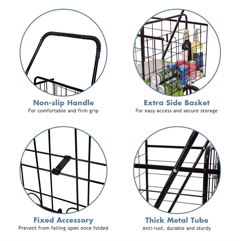 Jumbo Folding Shopping Cart Utility Cart with Double Basket & Swivel Wheels