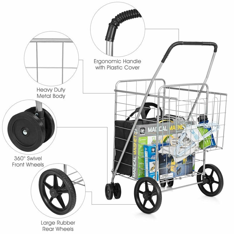 Jumbo Folding Shopping Cart, Heavy Duty Utility Cart with Swivel Wheels, Double Basket for Groceries, Laundry, Travel, Luggage, Books