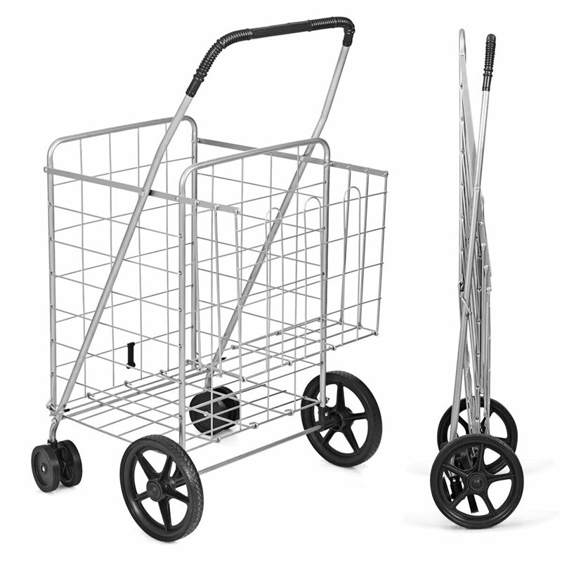 Jumbo Folding Shopping Cart, Heavy Duty Utility Cart with Swivel Wheels, Double Basket for Groceries, Laundry, Travel, Luggage, Books