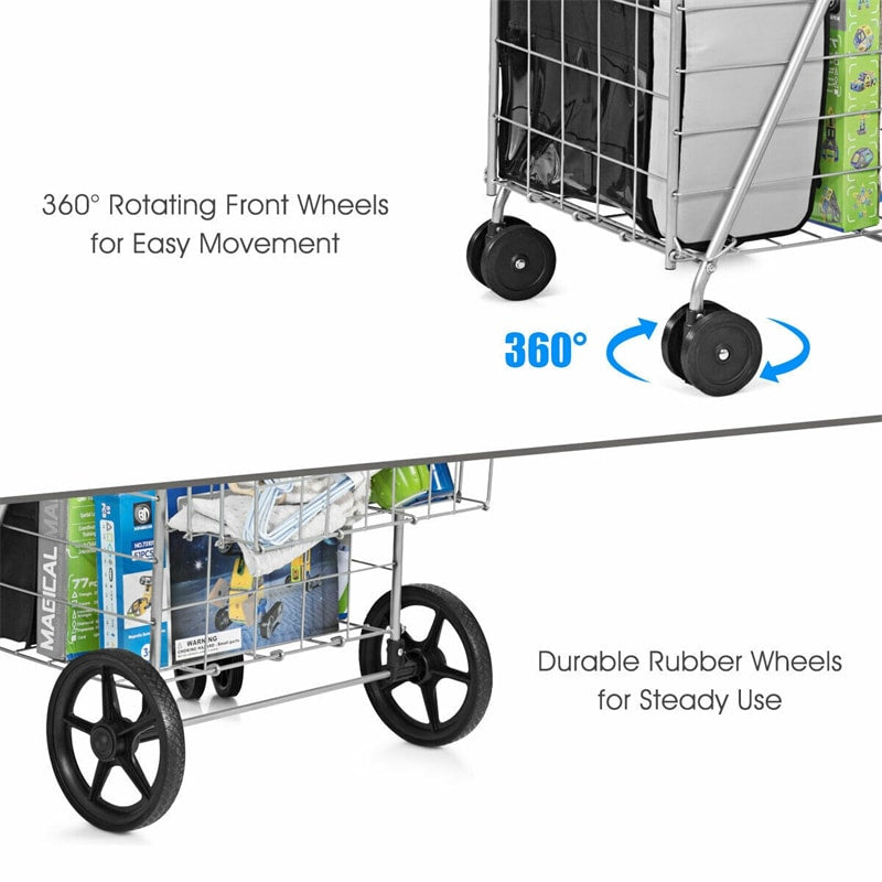 Jumbo Folding Shopping Cart, Heavy Duty Utility Cart with Swivel Wheels, Double Basket for Groceries, Laundry, Travel, Luggage, Books