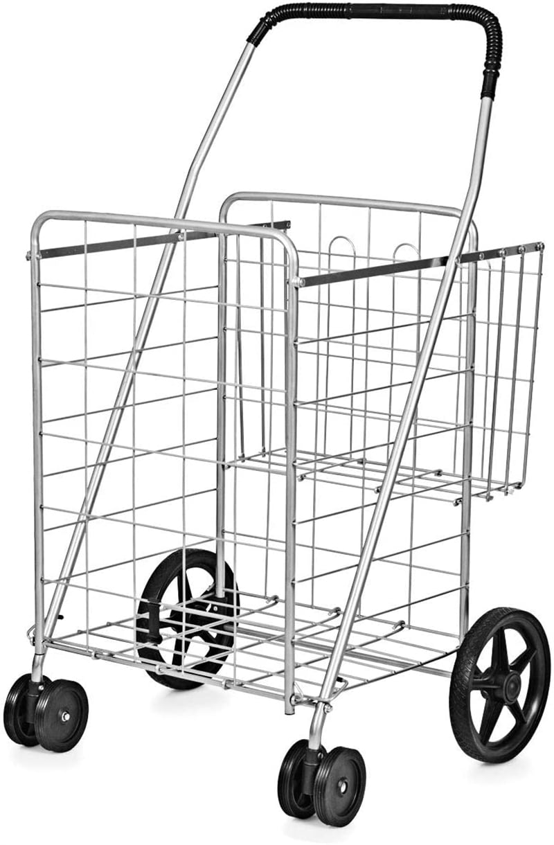 Jumbo Folding Shopping Cart Utility Cart with Double Basket & Swivel Wheels