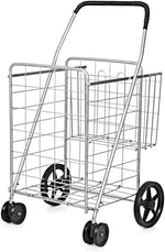 Jumbo Folding Shopping Cart, Heavy Duty Utility Cart with Swivel Wheels, Double Basket for Groceries, Laundry, Travel, Luggage, Books