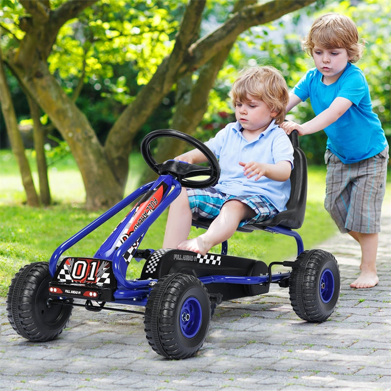 Kids Pedal Go Kart, 4-Wheel Pedal Powered Go Kart with Adjustable Seat, Steering Wheel & Safety Handbrake, Off-Road Go Kart for Boys & Girls