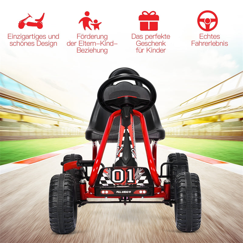 Kids Pedal Go Kart, 4-Wheel Pedal Powered Go Kart with Adjustable Seat, Steering Wheel & Safety Handbrake, Off-Road Go Kart for Boys & Girls