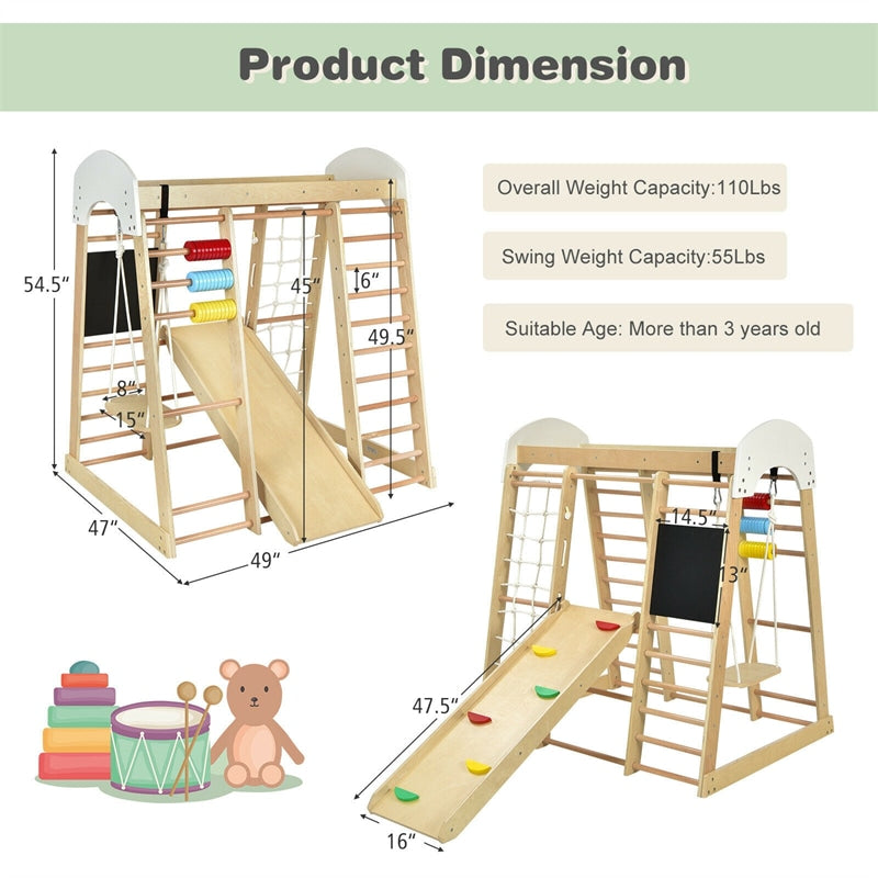 8-in-1 Indoor Jungle Gym, Kids Wooden Indoor Playground Climber with Slide, Swing, Climbing Rock & Net, Montessori Climbing Toys for Toddlers