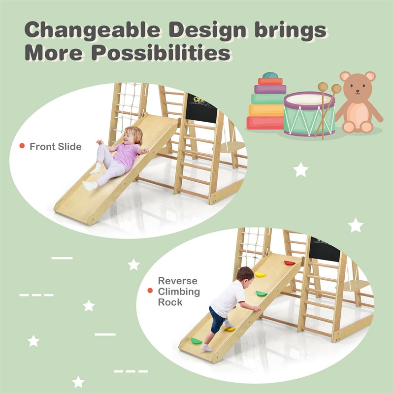 8-in-1 Indoor Jungle Gym, Kids Wooden Indoor Playground Climber with Slide, Swing, Climbing Rock & Net, Montessori Climbing Toys for Toddlers