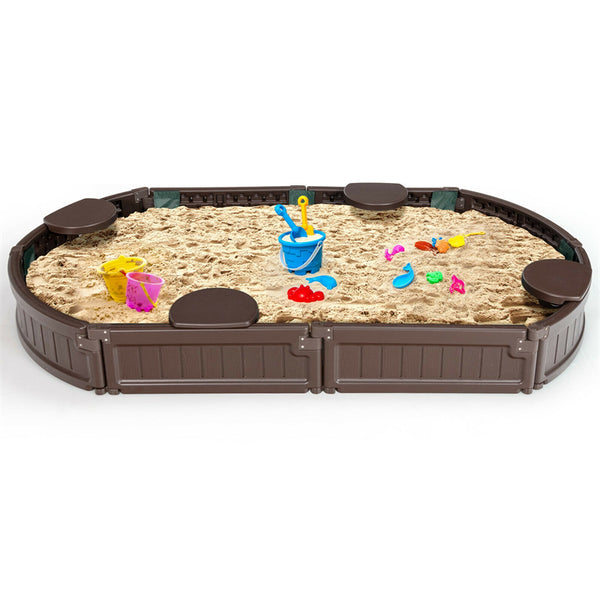 Kids Outdoor Sandbox 6FT Oval Sand Pit with Cover, 4 Built-in Corner Seats & Bottom Liner